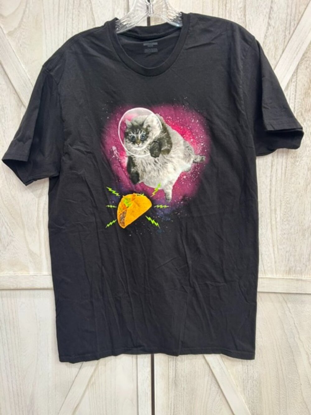 Funny Space Cat Taco Meme T-Shirt Galaxy Cosmic Kitty Novelty Tee Large